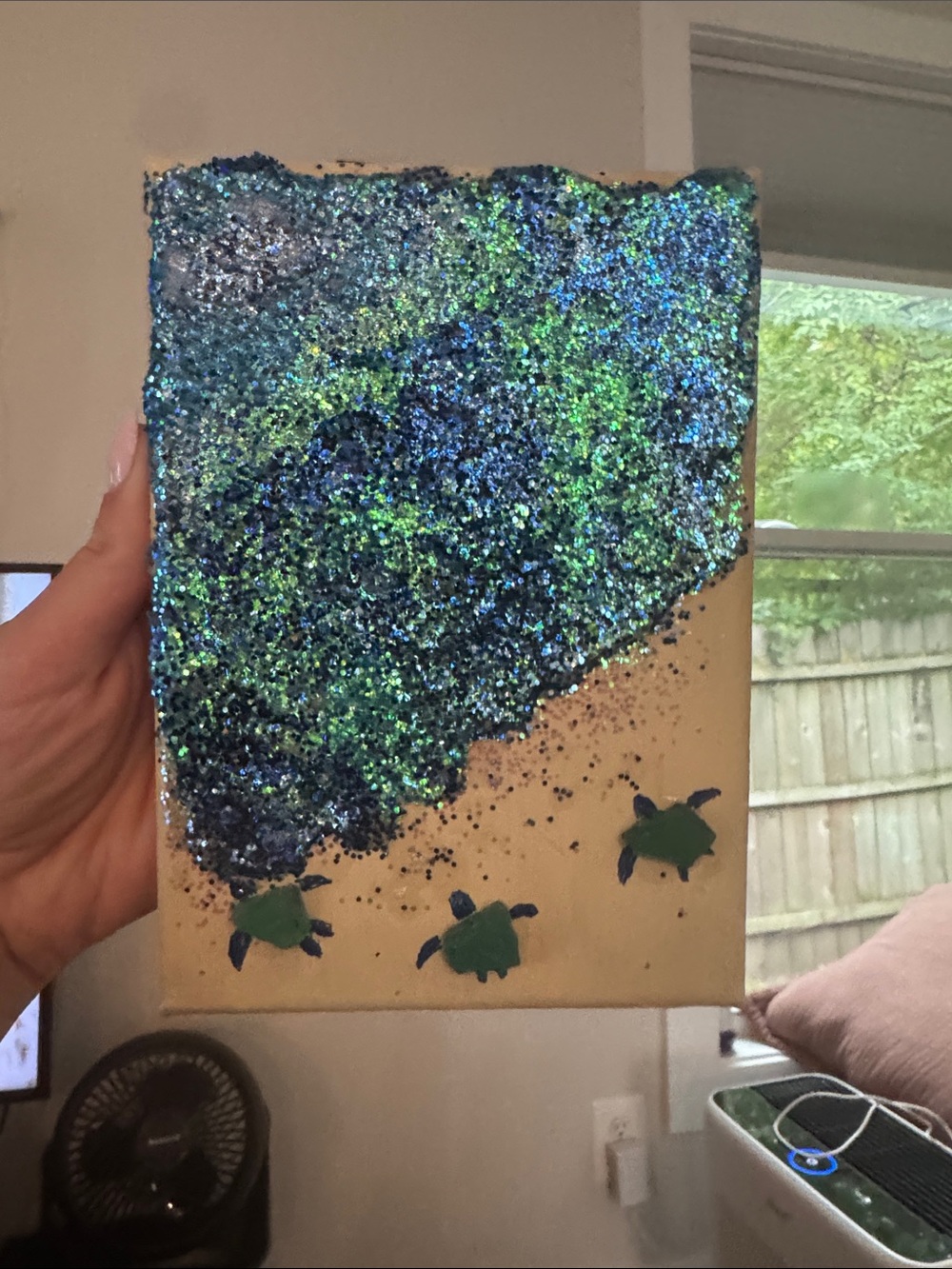 Handmade Blue & Green Glitter Sea Turtle Canvas - Home Art